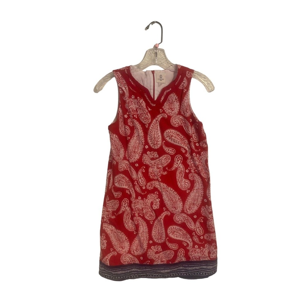 Lands End Dress 14 Red White Blue Paisley Print Cotton Sleeveless Split Neck